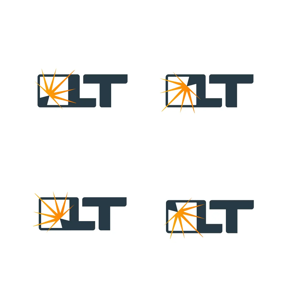 Quatre variantes du logo LT : carré bleu ardoise et étincelles orange plus ou moins éclatées