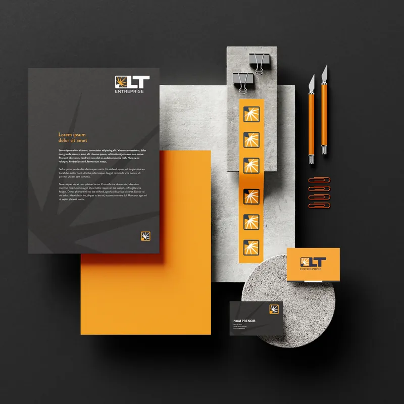 Papeterie LT Entreprise anthracite et orange, cartes de visite et pictogrammes