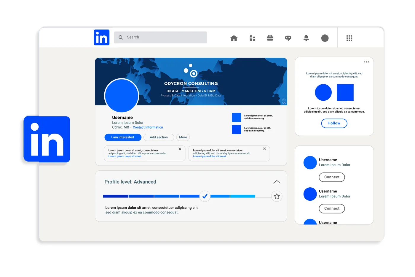 Maquette d'un profil LinkedIn avec la bannière « flat design » bleu nuit à carte du monde et le logo Odycron Consulting