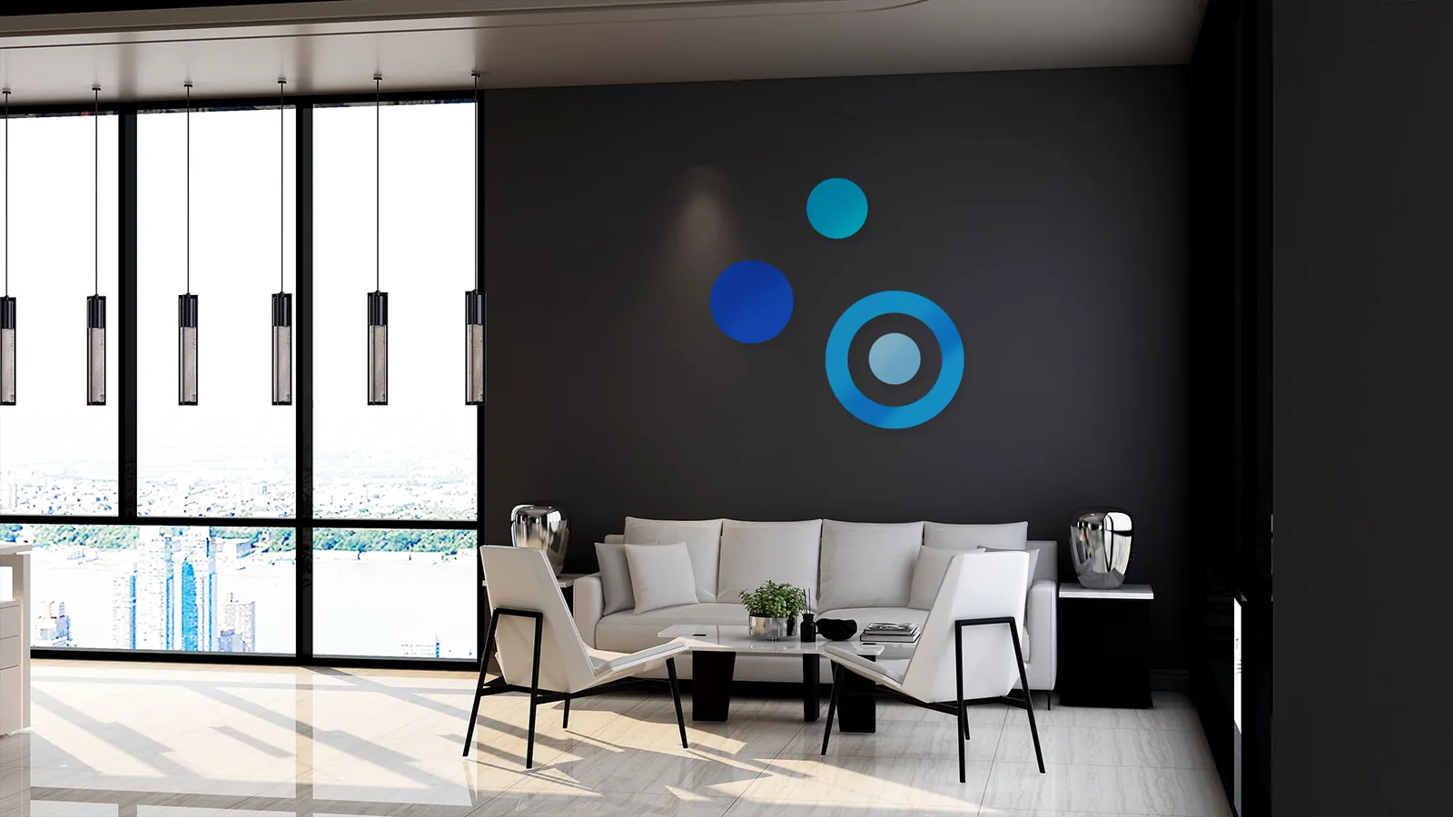 Fond de visio Teams : salon de bureau aux baies vitrées, le symbole Odycron (trois cercles bleus) en relief sur un mur anthracite