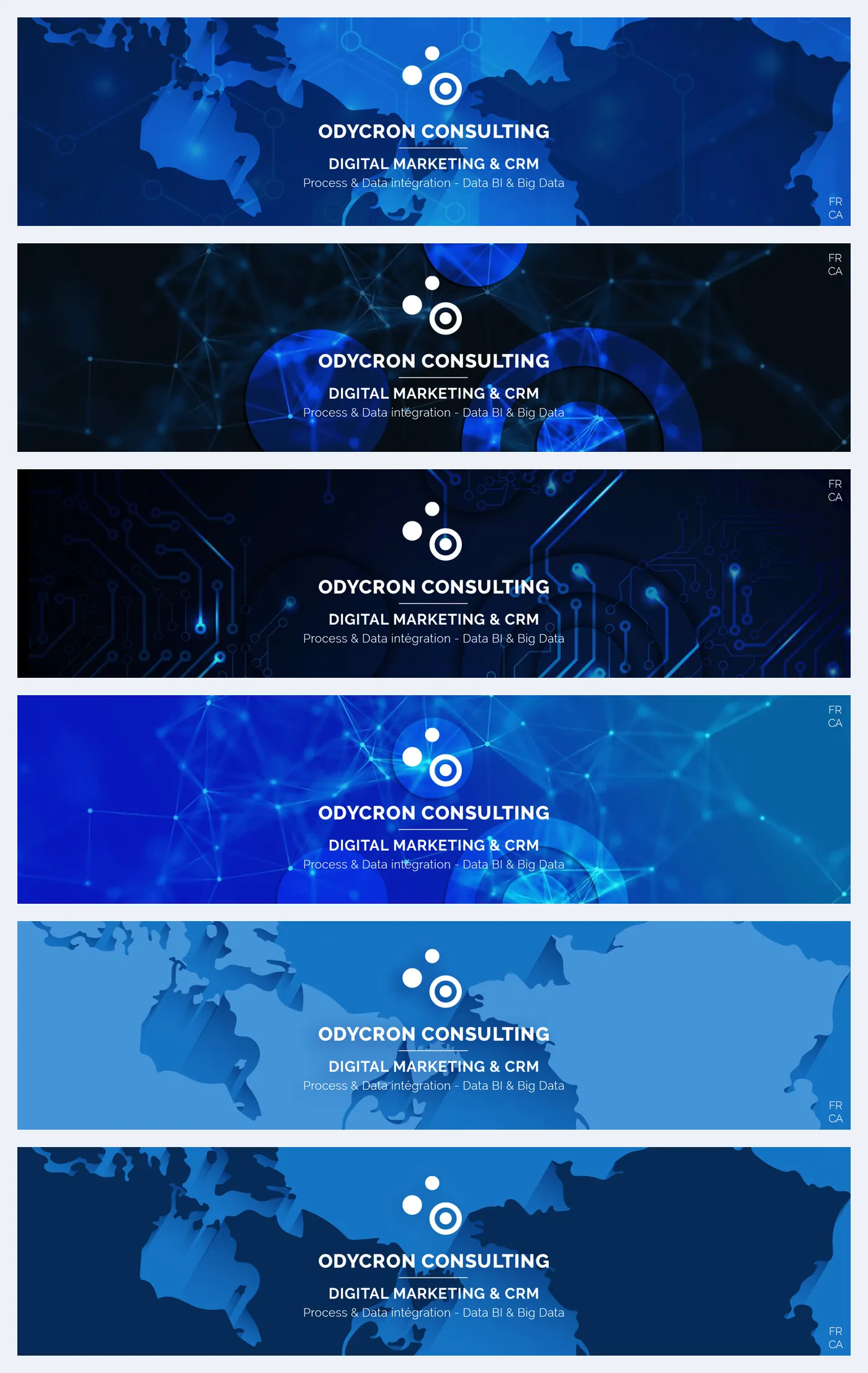 Six propositions de bannière LinkedIn empilées, cartes du monde et réseaux numériques en bleu, logo et accroche Digital Marketing & CRM