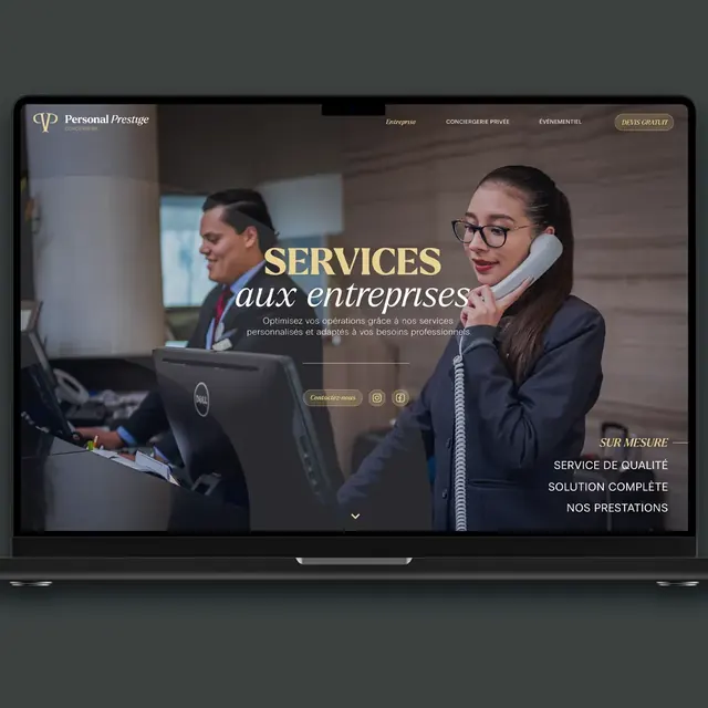 Landing page Personal Prestige Conciergerie affichée sur un ordinateur portable