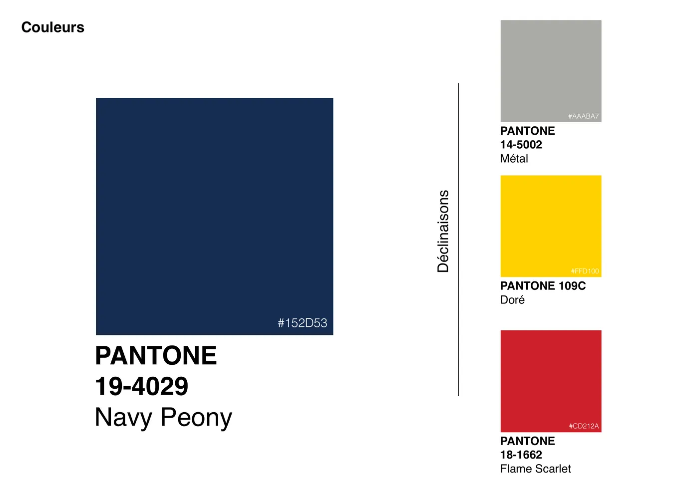 Planche couleurs de la proposition 2019 : Pantone Navy Peony en grand, déclinaisons métal, doré et rouge Flame Scarlet