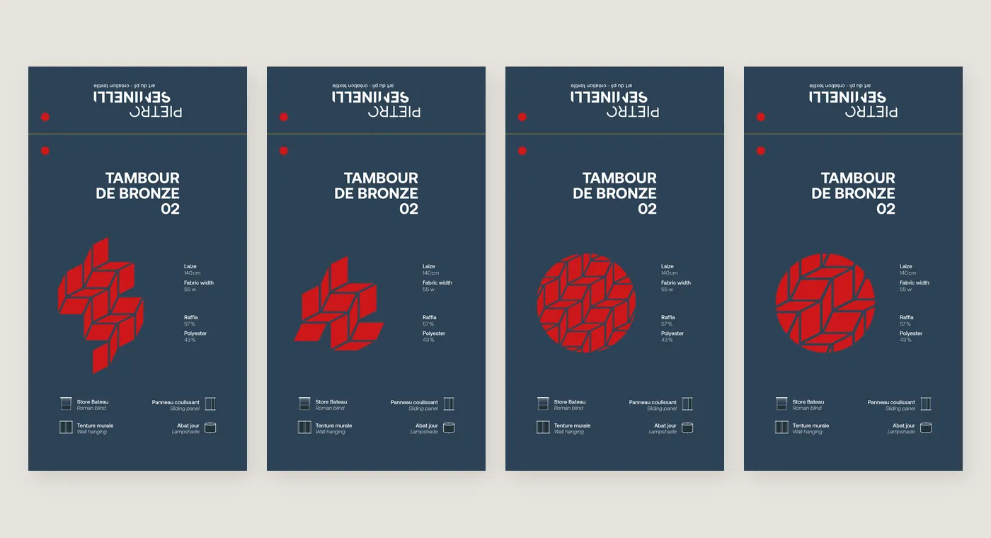Quatre cartes « Tambour de bronze 02 » bleu marine comparant des formes de découpe rouges, losanges pliés ou disque facetté