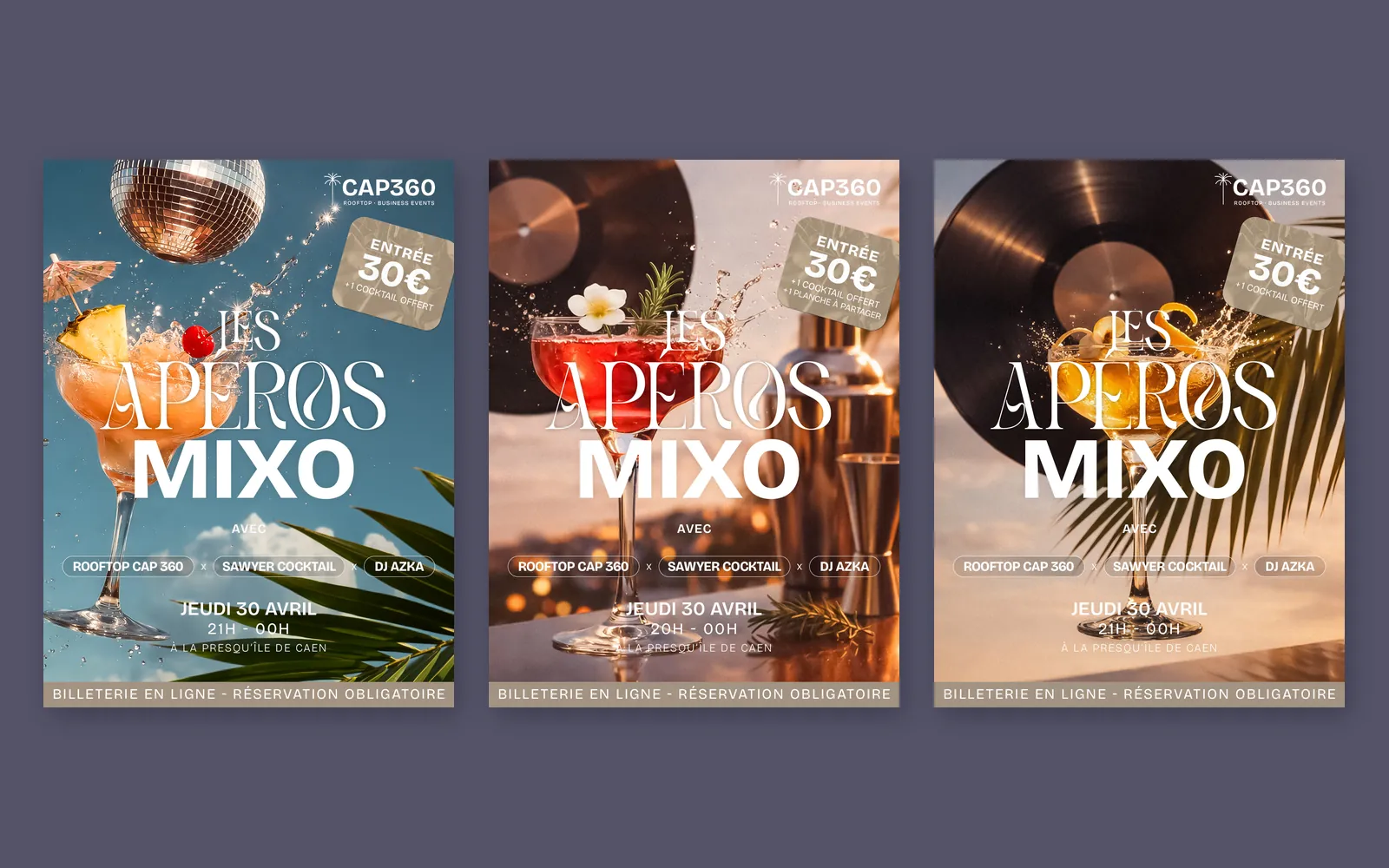 Trois affiches Instagram « Les Apéros Mixo » côte à côte : cocktails éclaboussés, boule à facettes, vinyle et coucher de soleil