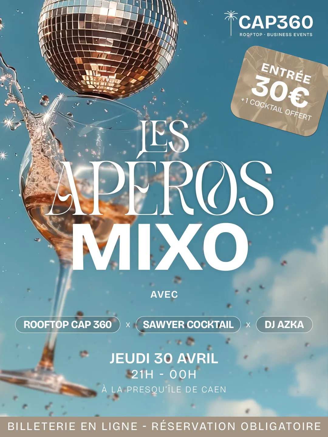 Variante du post : verre de vin rosé éclaboussé sous une boule à facettes dans un ciel bleu, mêmes titre et informations