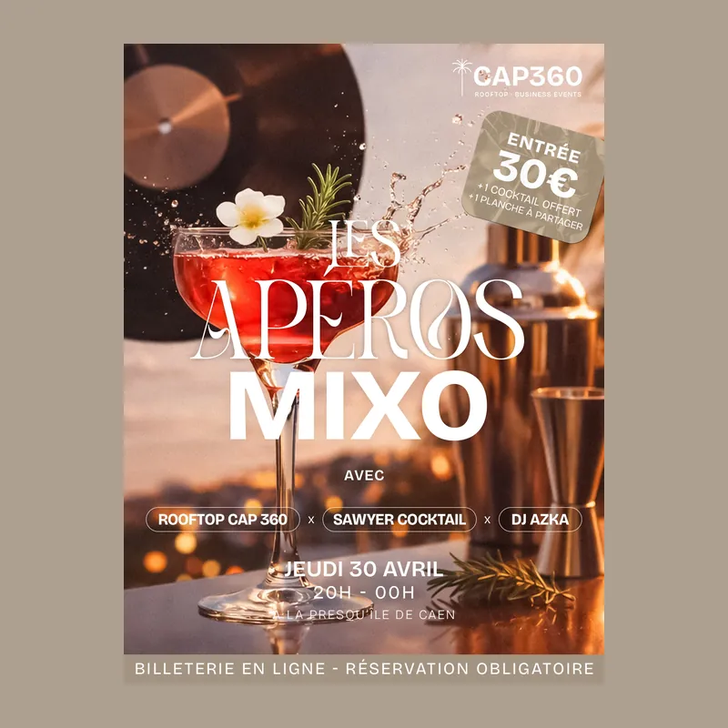 Visuel Instagram Les Apéros Mixo du Rooftop CAP 360, cocktail rouge au coucher du soleil