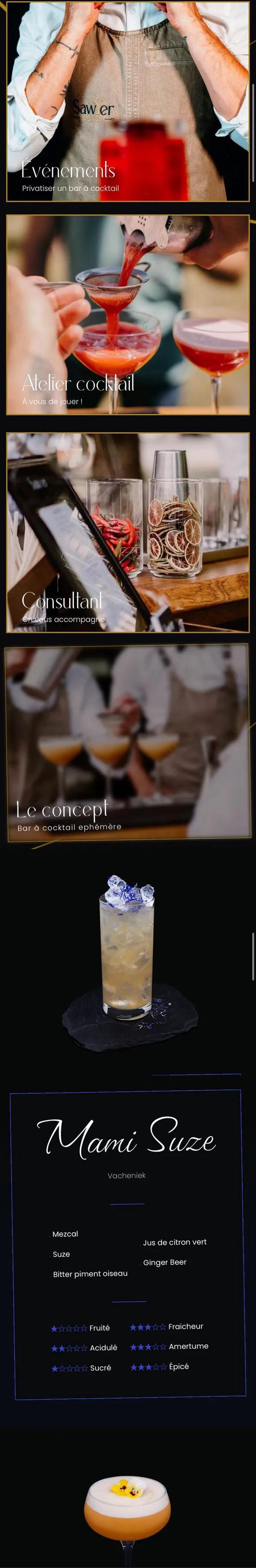 Le site Sawyer Cocktail sur téléphone : prestations et fiche d'un cocktail