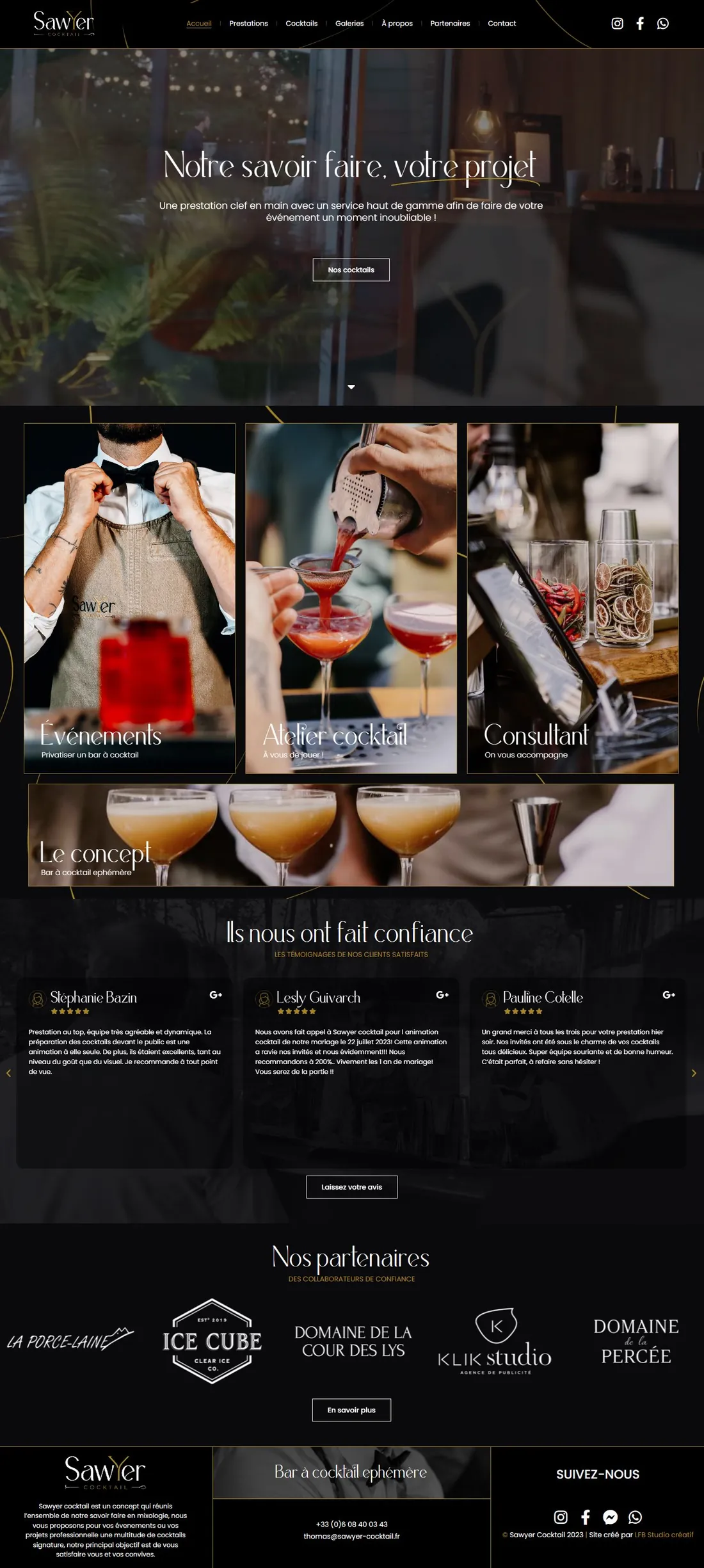 Page d'accueil du site Sawyer Cocktail sur ordinateur : prestations, avis clients et partenaires