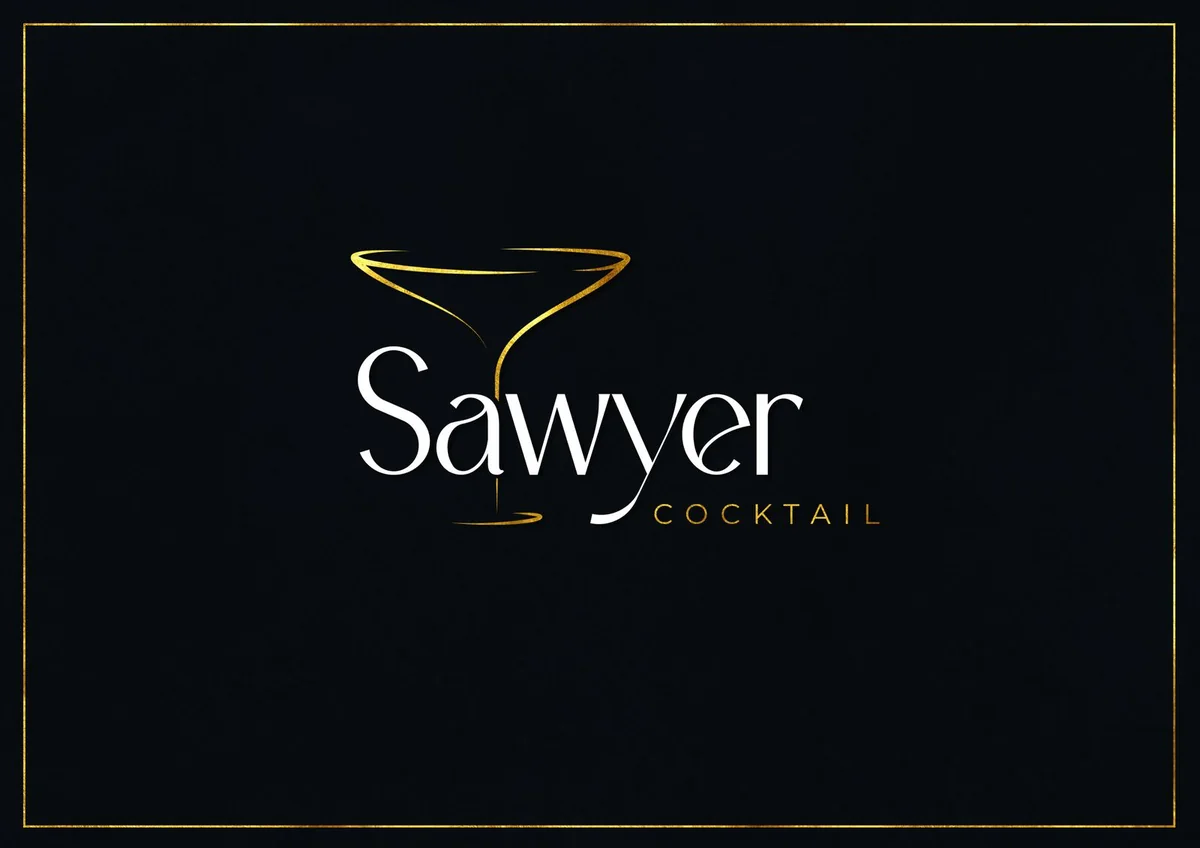 Première piste de logo Sawyer avec un verre à martini doré