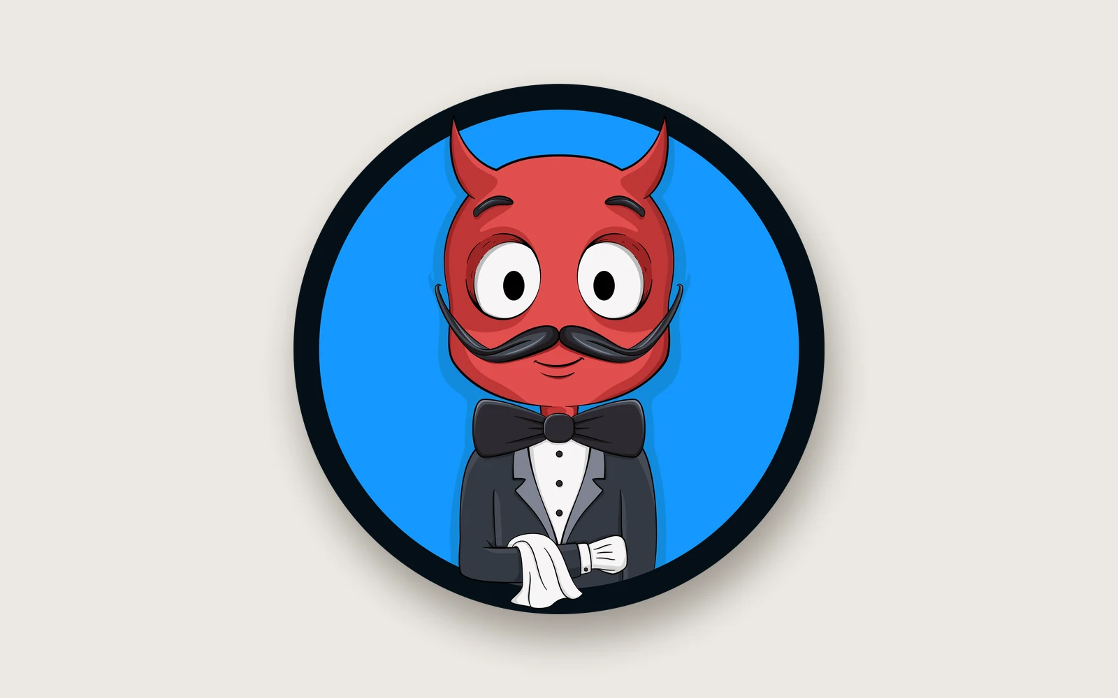 Mascotte SO2 dessinée : diable rouge moustachu en smoking, nœud papillon et serviette sur le bras, dans un médaillon bleu