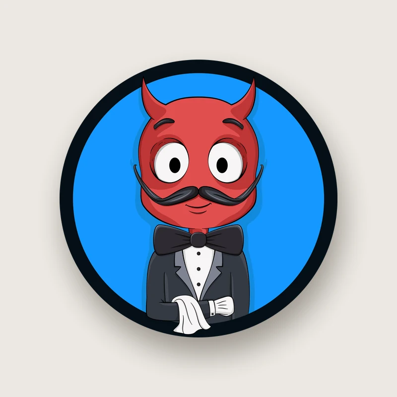 Mascotte SO2 : diable rouge à moustache en smoking, sur fond noir