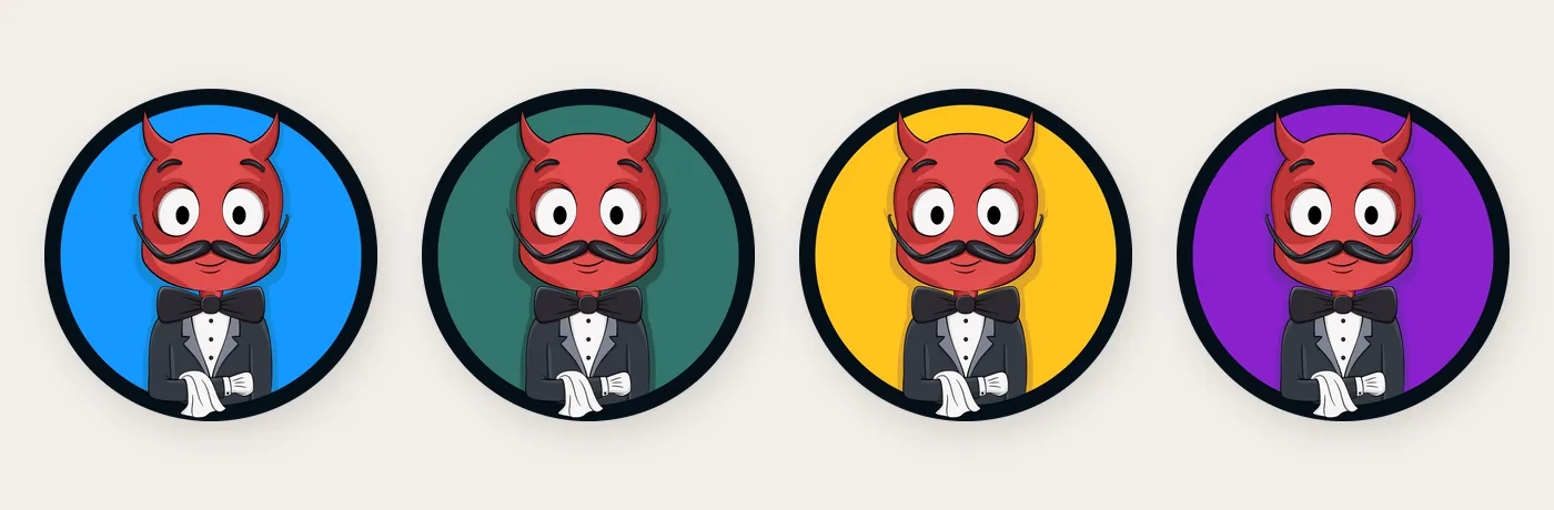 Quatre médaillons de la mascotte, diable rouge en smoking serviette au bras, sur fonds bleu, bleu-vert, jaune et violet cerclés de noir