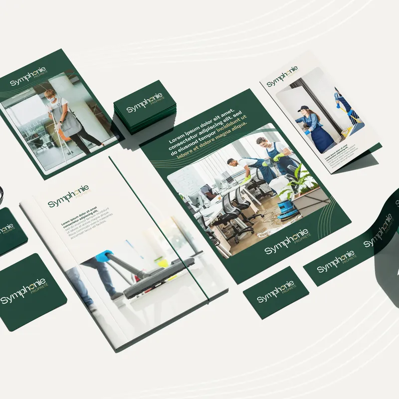 Dépliants, cartes et chemise Symphonie Propreté vert sapin et blanc