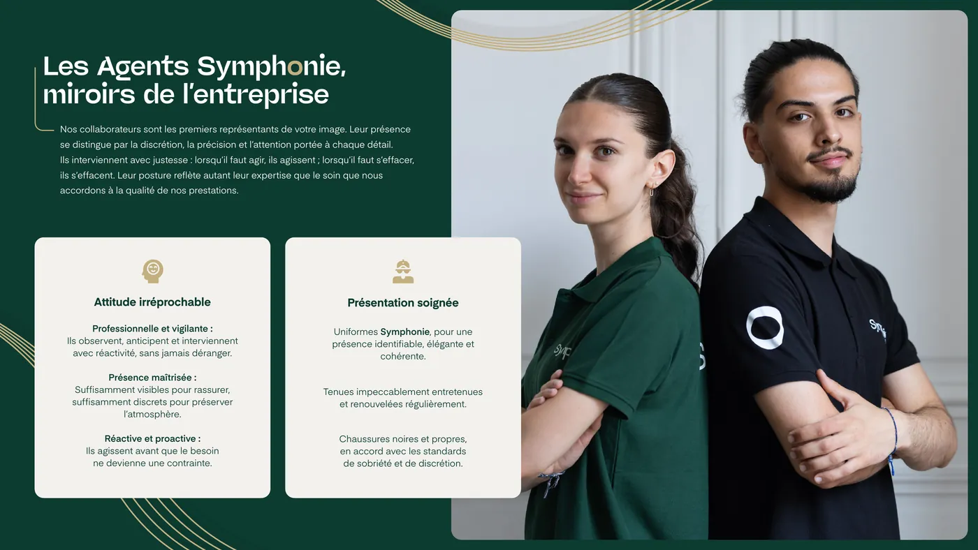 Page « Les Agents Symphonie, miroirs de l'entreprise » sur fond vert : deux agents en polo, cartes attitude et présentation