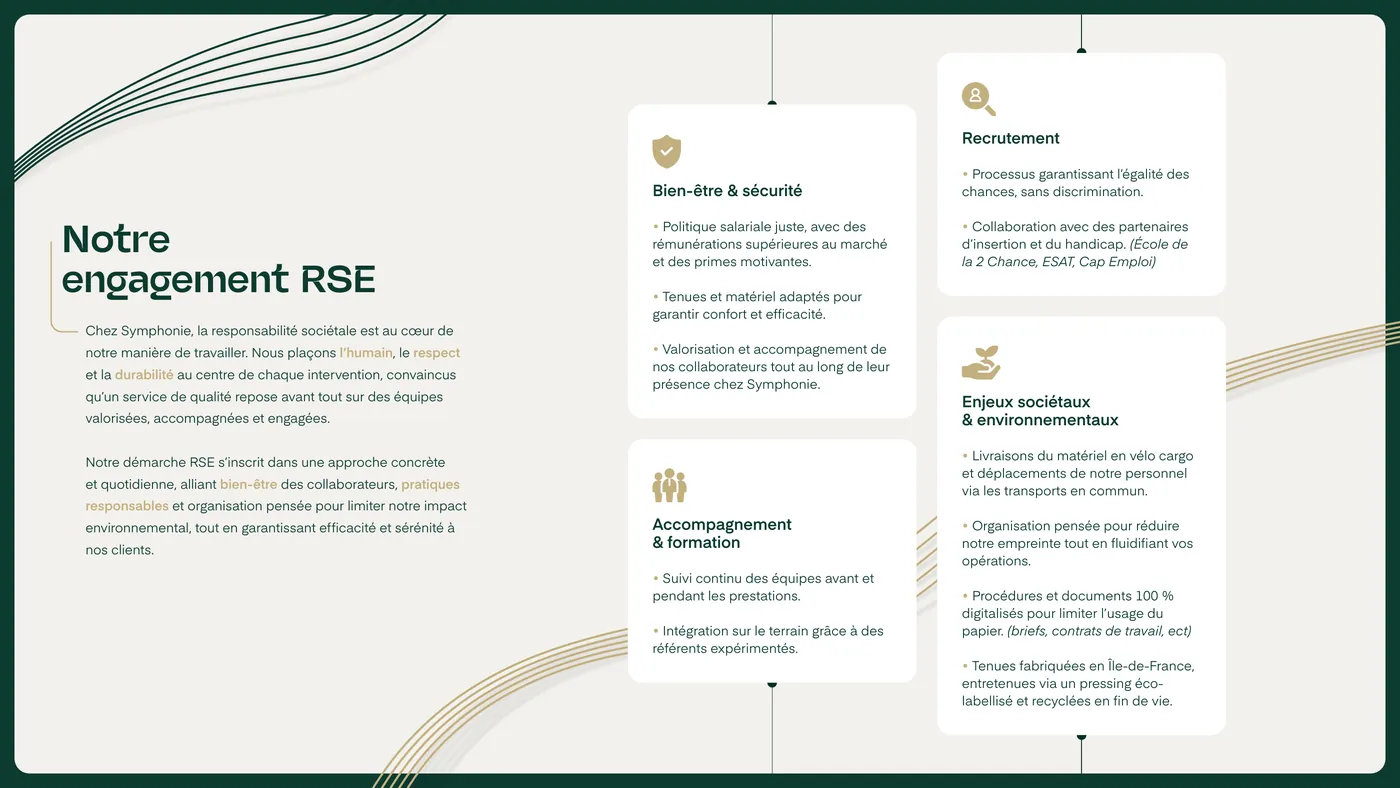Page « Notre engagement RSE » : quatre cartes blanches à pictogrammes dorés reliées par des traits, tracés filaires en bordure