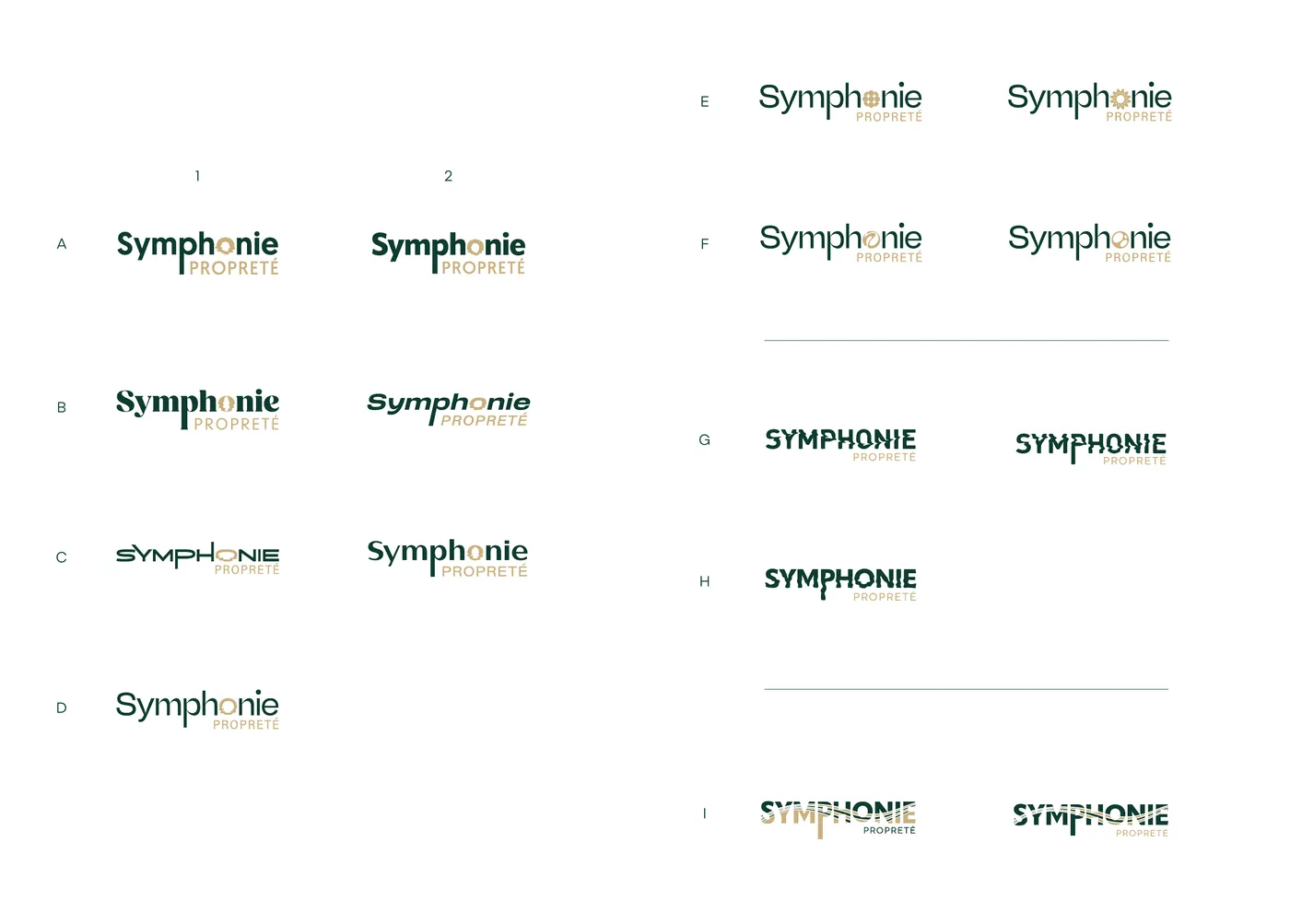 Planche de recherches du logotype : neuf pistes notées A à I, minuscules ou capitales, variations du o en vert et doré