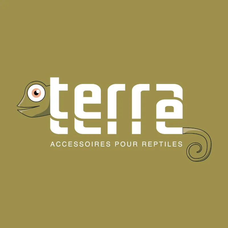 Logo Terra Terre blanc et son caméléon sur fond vert olive