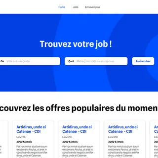 Page de recherche d'emploi de la plateforme Thanks.Boss, bandeau bleu « Trouvez votre job ! »