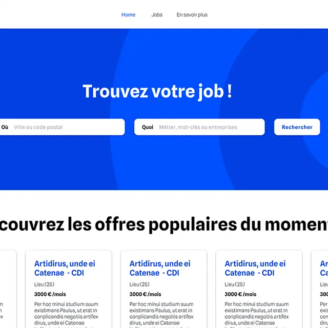 Page de recherche d'emploi de la plateforme Thanks.Boss, bandeau bleu « Trouvez votre job ! »