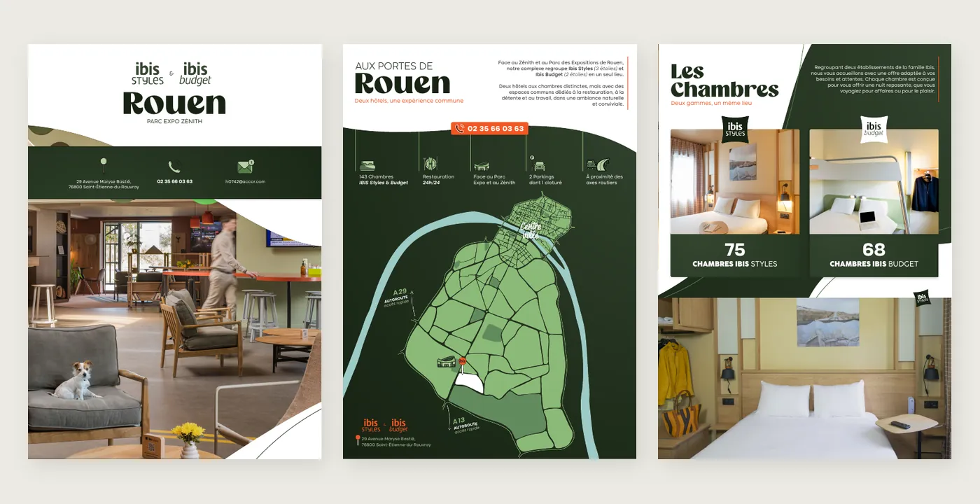 Trois pages de la plaquette ibis Styles & ibis budget Rouen : couverture, plan vert d'accès, page « Les Chambres »