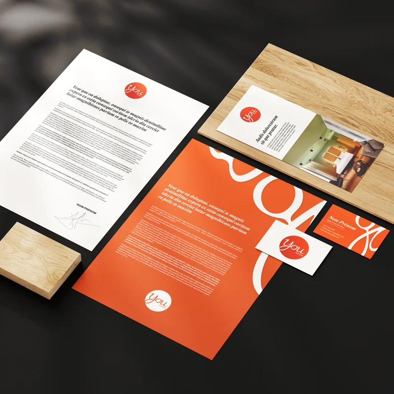Papeterie YOU Hotels orange et blanche sur fond noir, aux grandes boucles du « You »