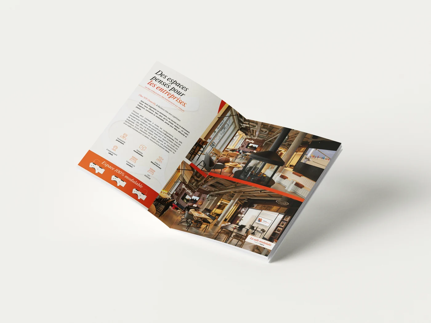 Brochure ouverte « Des espaces pensés pour les entreprises » : textes, pictogrammes et photo de salle