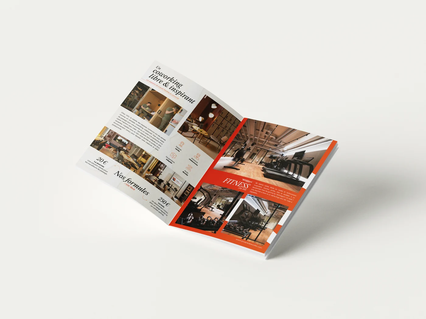 Double page de la brochure : espaces de vie, salle de sport et bandeaux orange