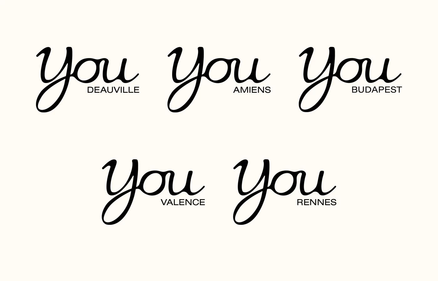 Logos noirs « You » suivis du nom de la ville : Deauville, Amiens, Budapest, Valence et Rennes