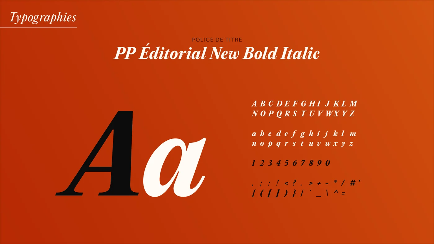 Page de charte « Typographies » : PP Editorial New Bold Italic en noir sur fond orange