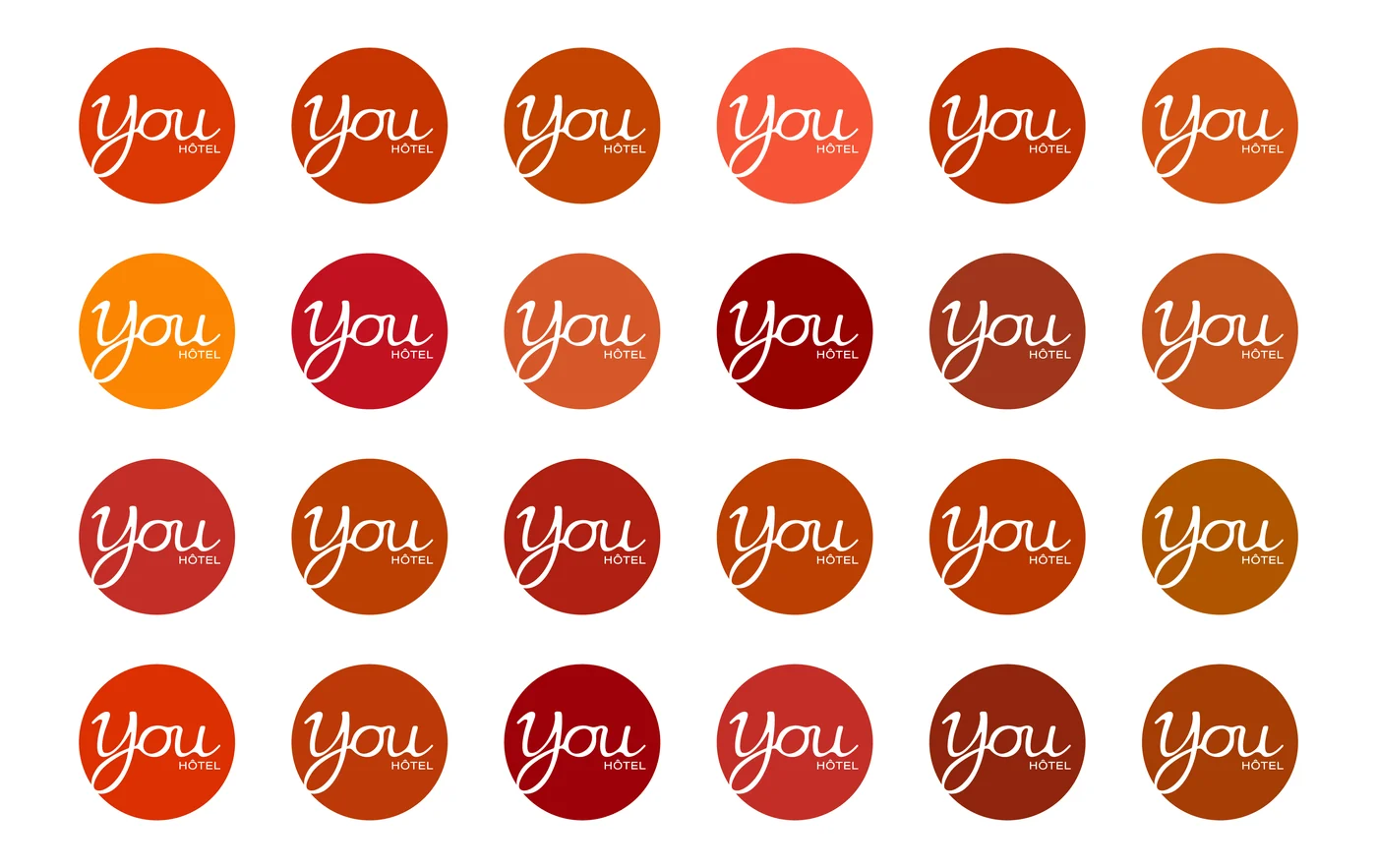 Vingt-quatre disques orange, rouges et ambrés portant le logo « You », pour choisir la teinte