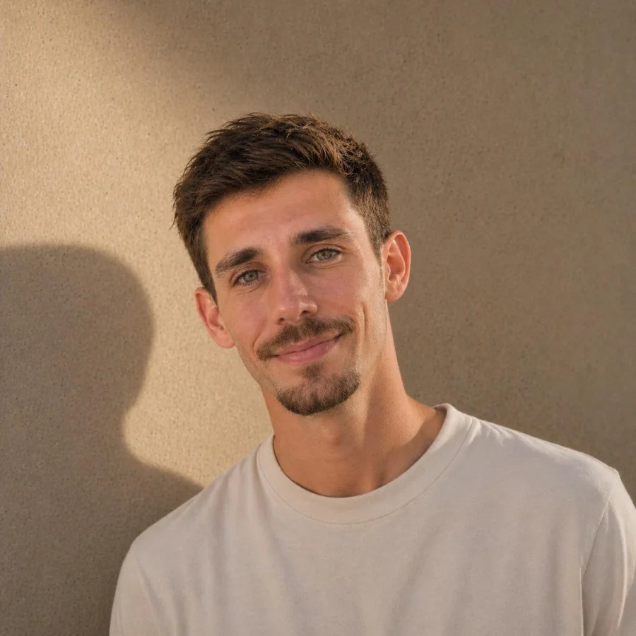 Portrait de Pierre Lefebvre, directeur artistique de LFB Studio Créatif, en t-shirt clair devant un mur beige au soleil